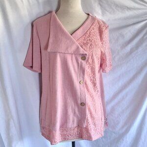 women Pink Short sleeve V-neck  lace  blouse collar on right side of top size L